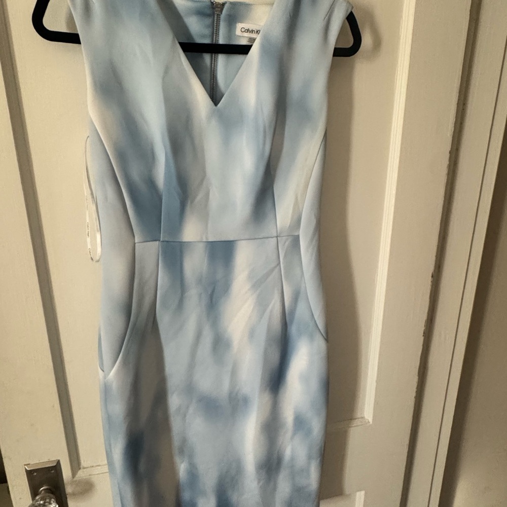 Calvin Klein Sky Blue and White Midi Dress